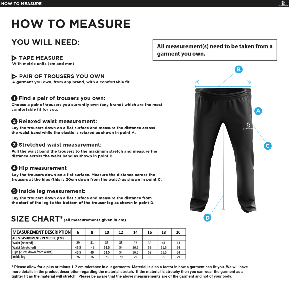 Nailsea CC - Women's Ripstop Track Pant - Size Guide