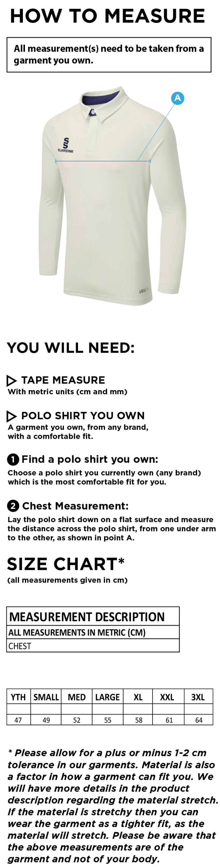 Nailsea CC - Tek Long Sleeve Playing Shirt - Size Guide