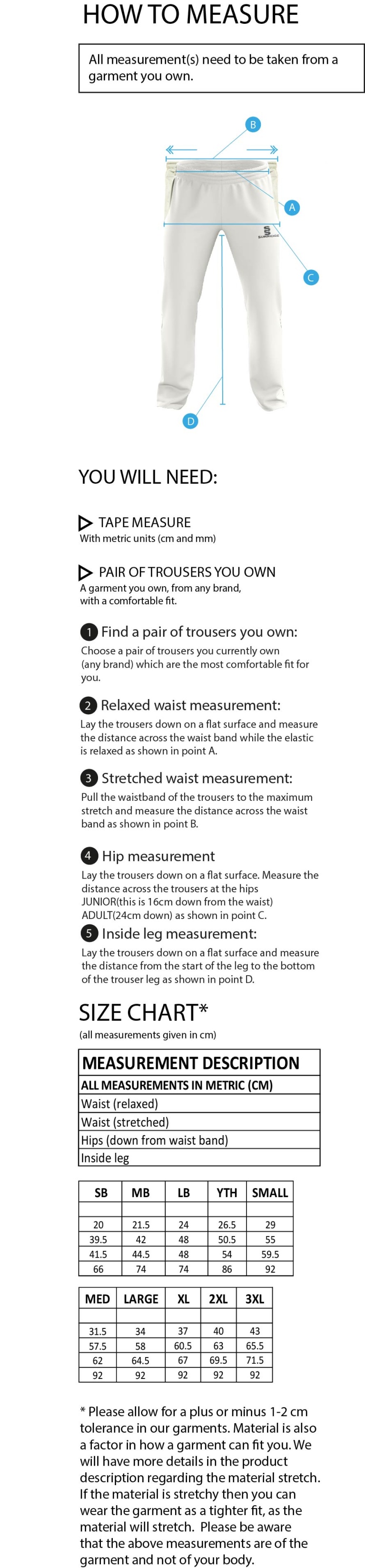 Nailsea CC - Pro Trousers - Size Guide