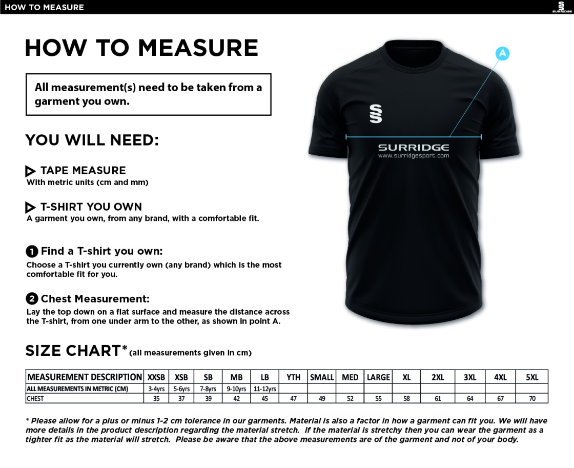 Nailsea CC - Blade Training T-Shirt - Size Guide