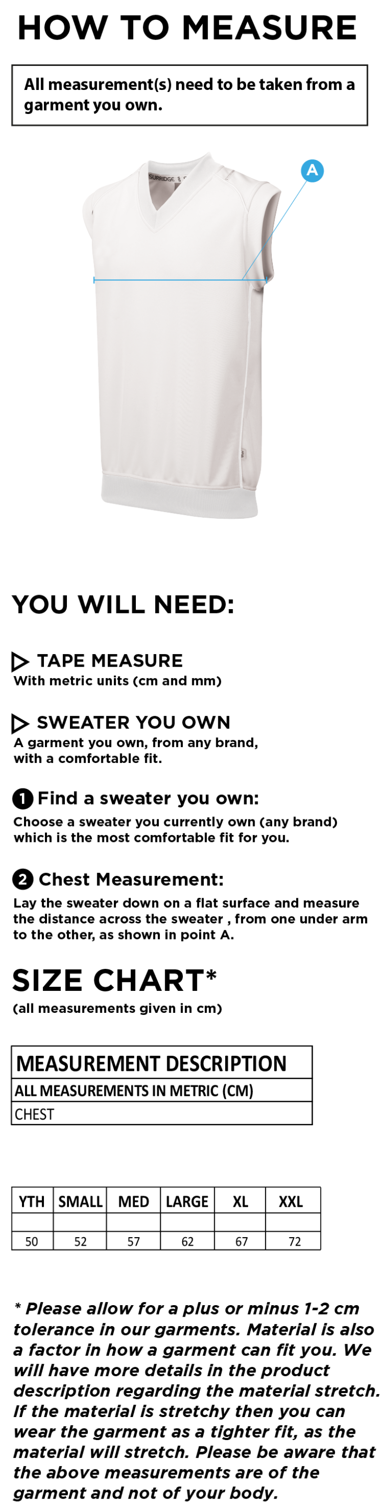 Nailsea CC - Sleeveless Sweater - Size Guide