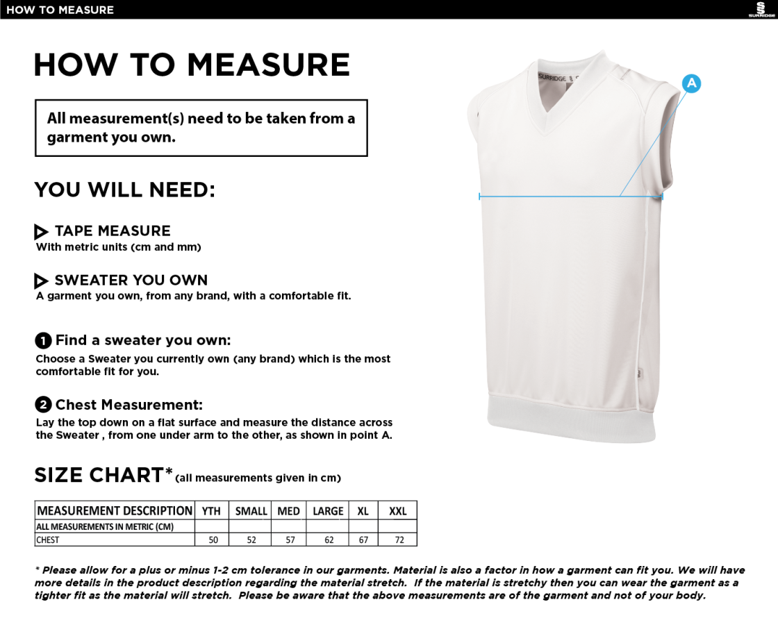 Nailsea CC - Sleeveless Sweater - Size Guide