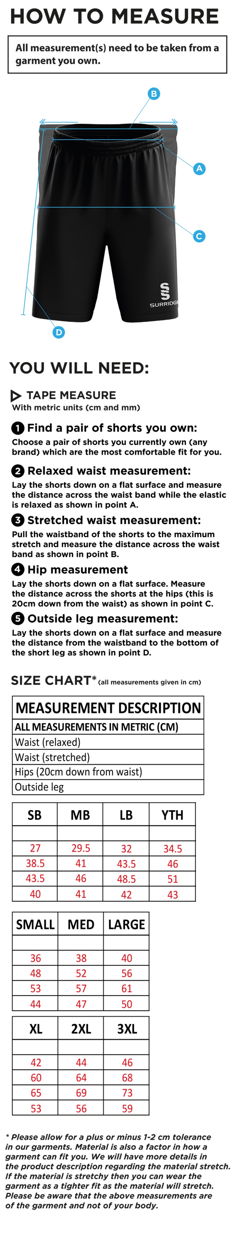 Nailsea CC - Ripstop Training Short - Size Guide