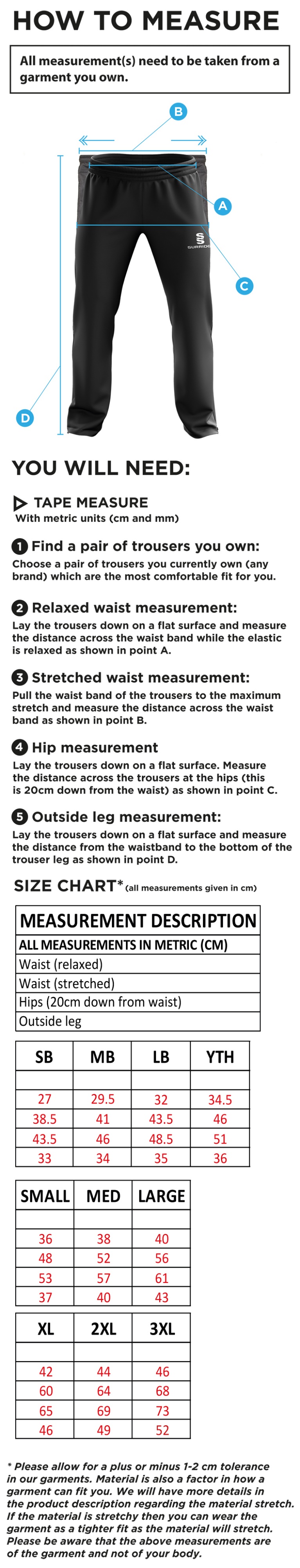 Nailsea CC - Ripstop Tracksuit Pants - Size Guide