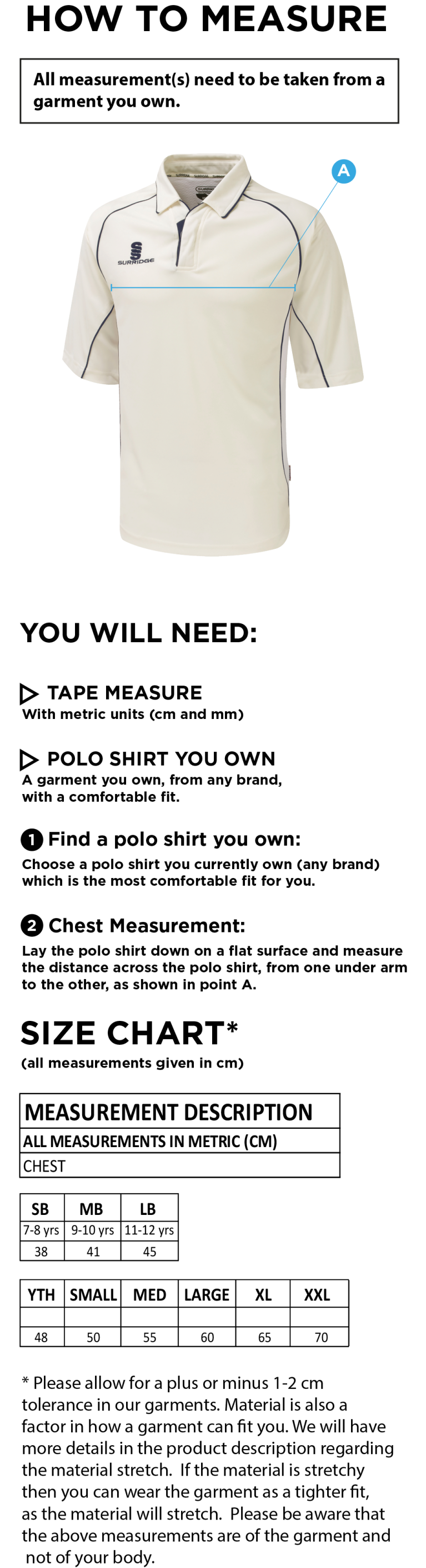 Nailsea CC - 3/4 Premier Shirt - Size Guide