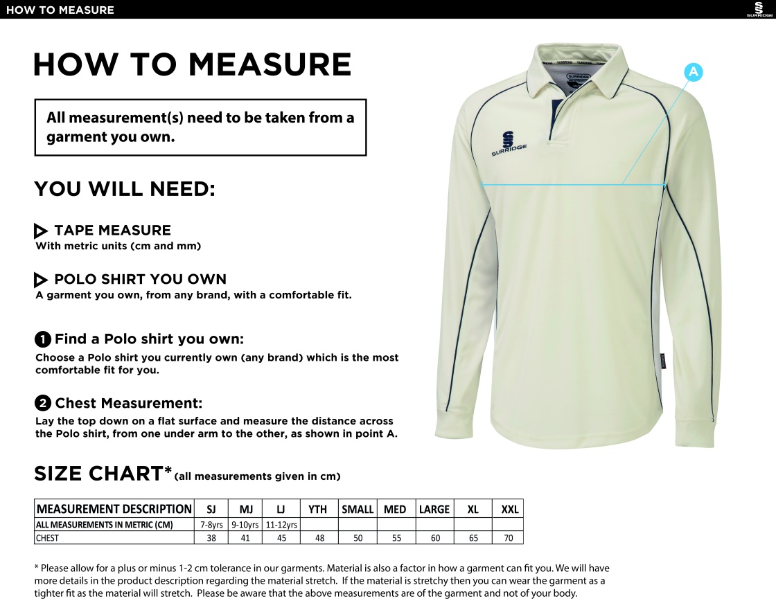 Nailsea CC - Premier Long Sleeve Shirt - Size Guide