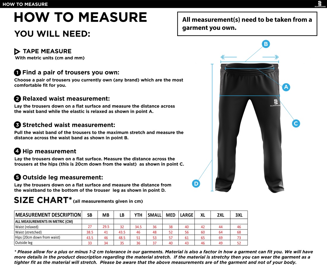 Nailsea CC - Ripstop Tracksuit Pants - Size Guide