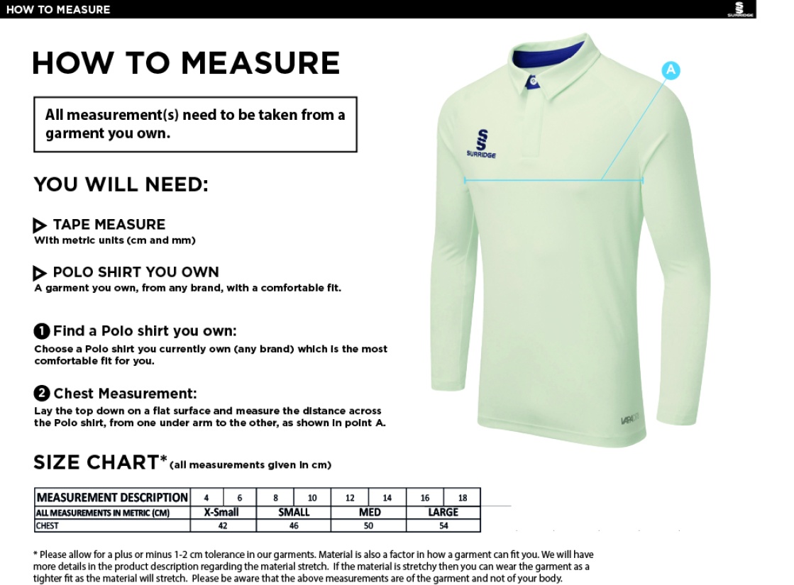 NAILSEA CC - DUAL LONG SLEEVE CRICKET SHIRT (WOMENS)-Ivory - Size Guide