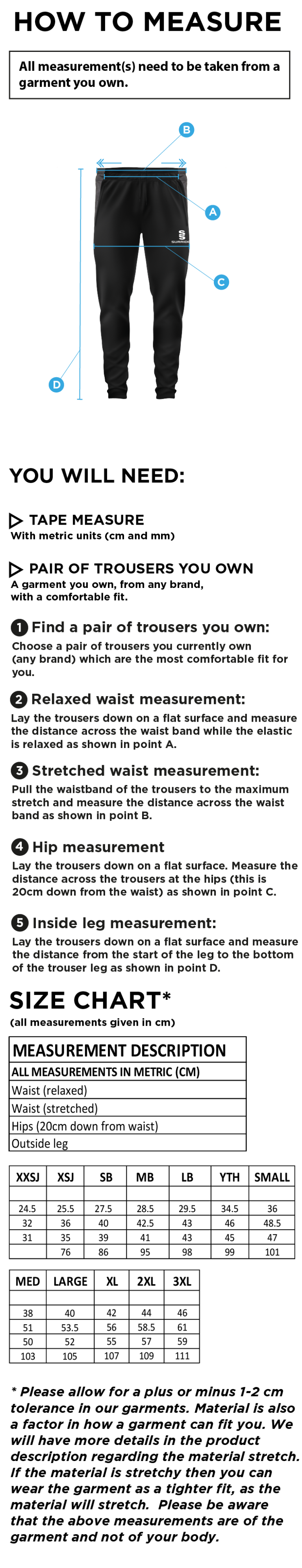 Nailsea CC - Tek Skinny Pant - Size Guide