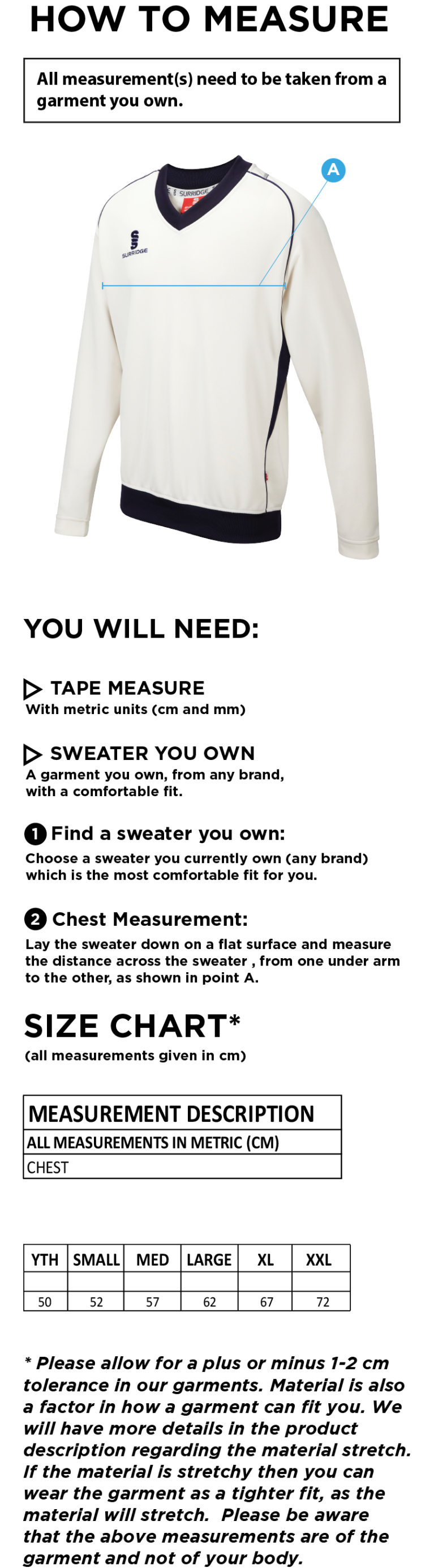 Nailsea CC - Long Sleeve Sweater - Size Guide
