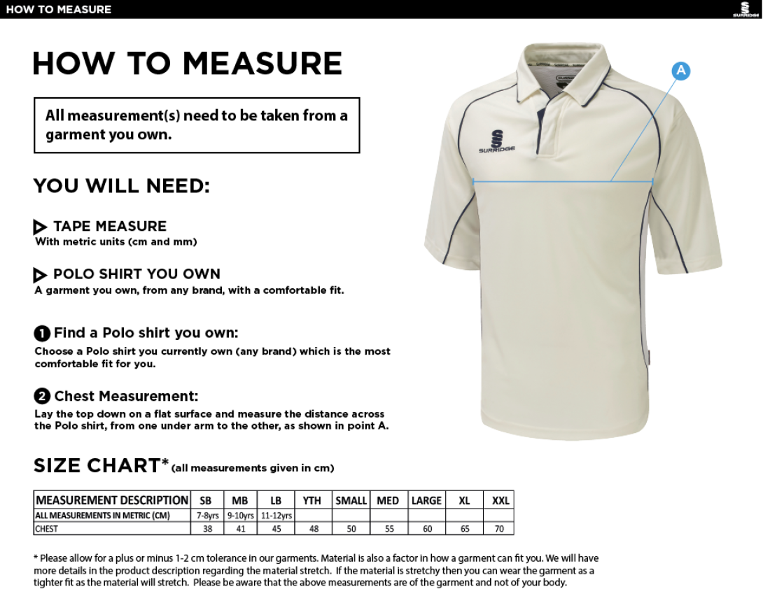 Nailsea CC - 3/4 Premier Shirt - Size Guide