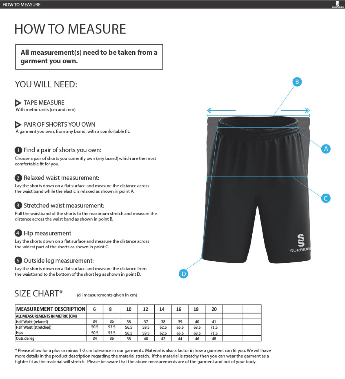 Nailsea CC - Women's Ripstop Training Short - Size Guide