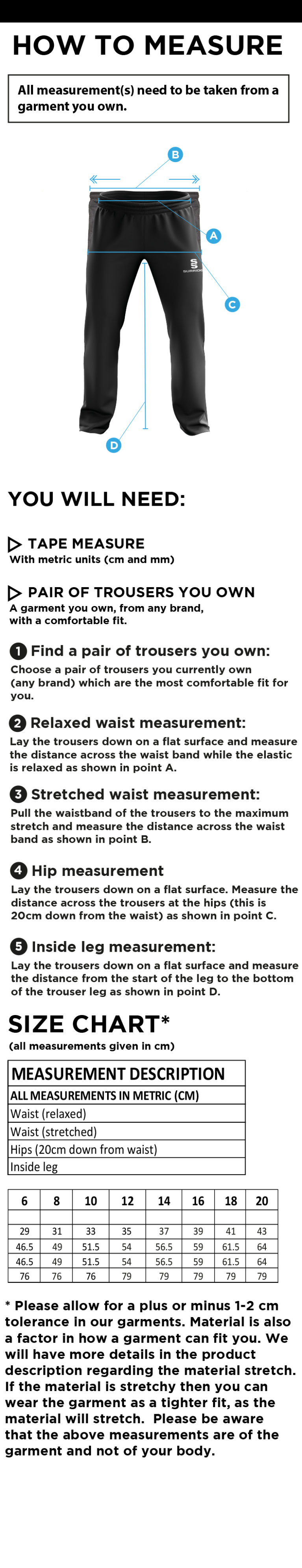 Nailsea CC - Women's Ripstop Track Pant - Size Guide