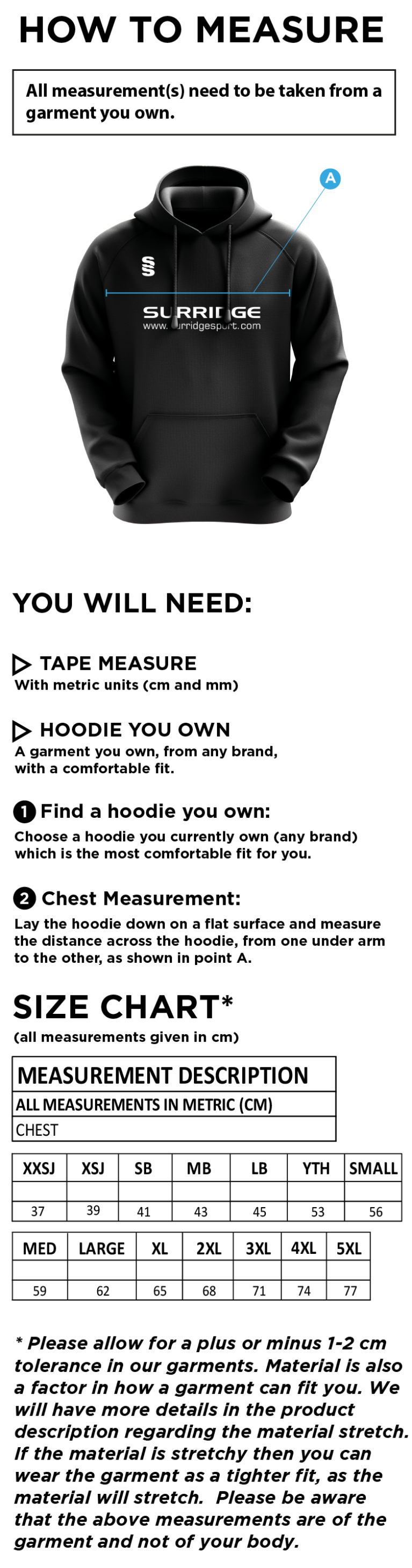 Nailsea CC - Fuse Hoody - Size Guide