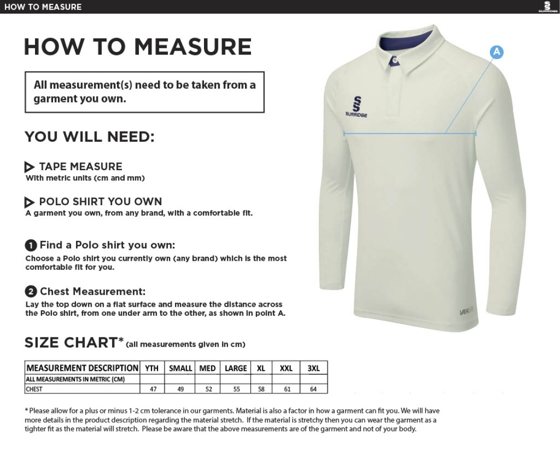 Nailsea CC - Tek Long Sleeve Playing Shirt - Size Guide