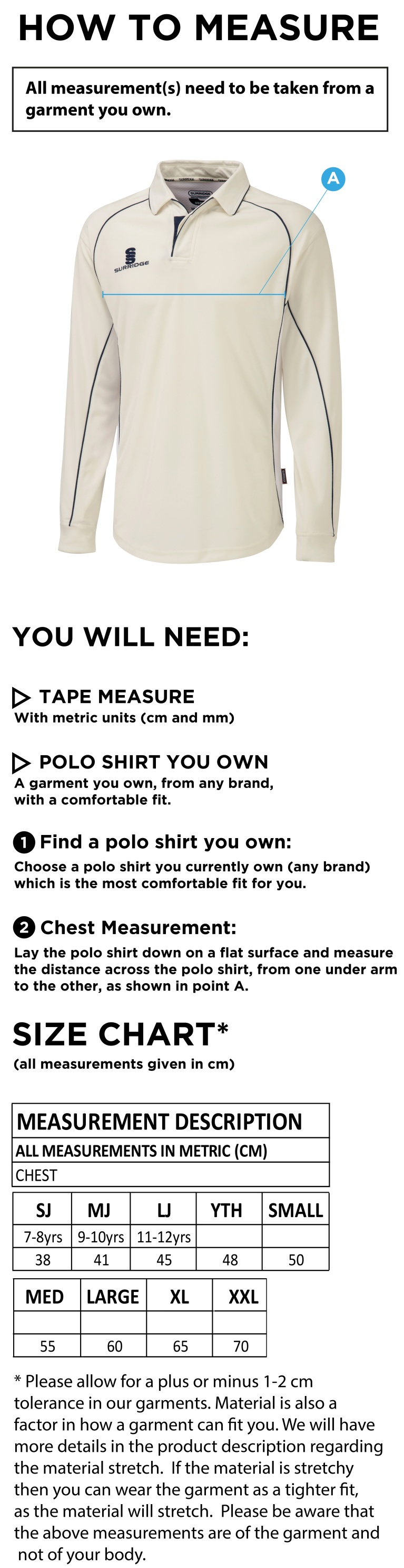 Nailsea CC - Premier Long Sleeve Shirt - Size Guide