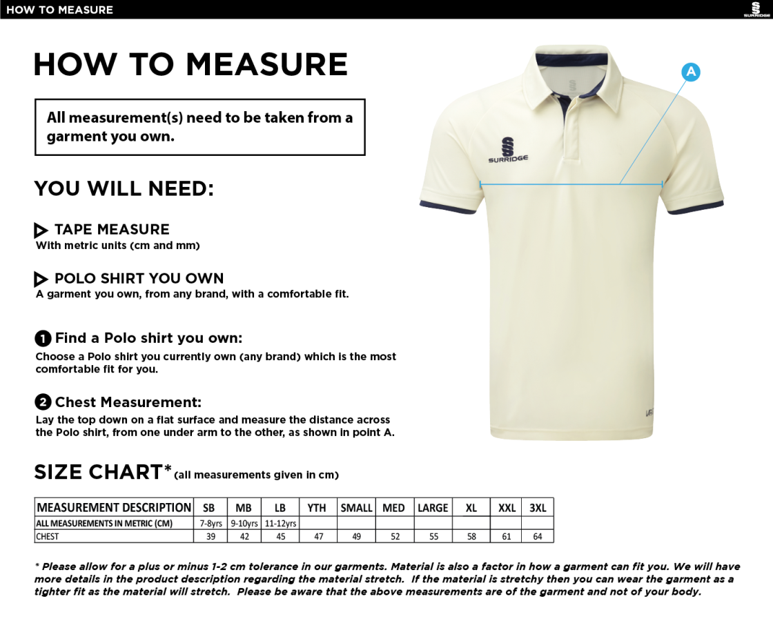 Nailsea CC - Tek Short Sleeve Playing Shirt - Size Guide